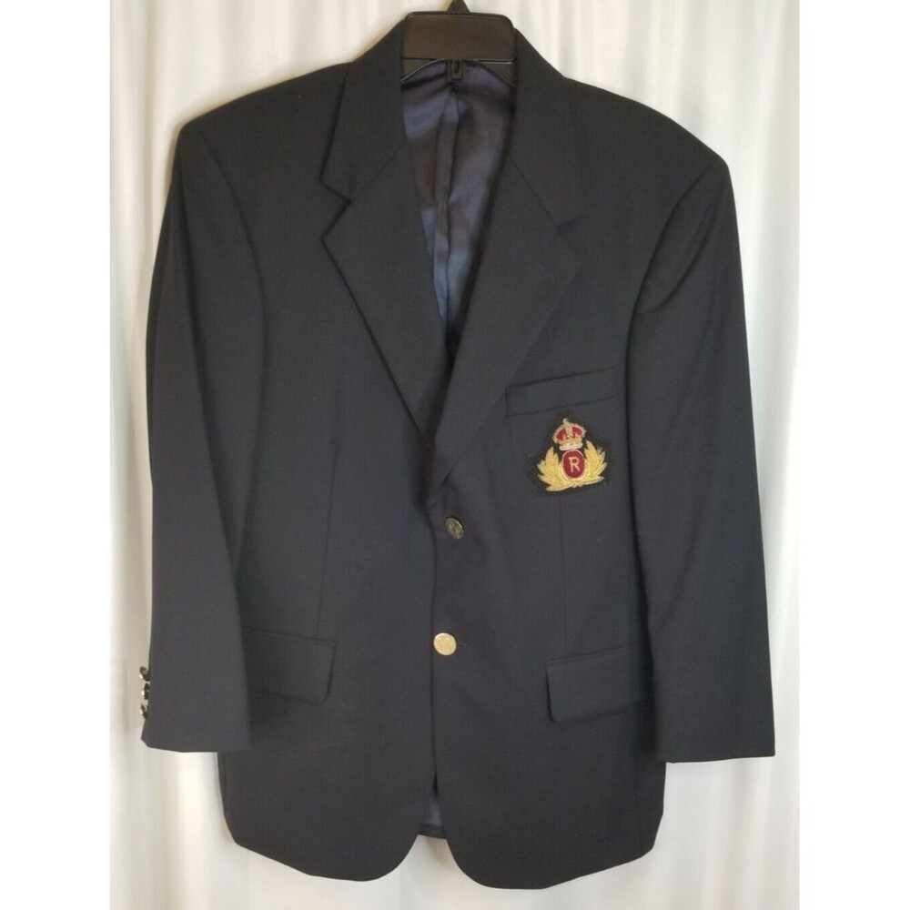 Men's Black Blazer Suit Jacket Dimensional Crest Monogram Buttons Size 40 Short